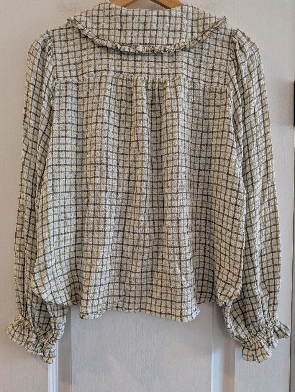 Anthropologie Pilcro Keira Peter Pan Collar Blouse Green Plaid Lone Sleeve Sz S